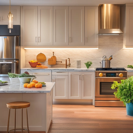 A sleek kitchen with modern under-cabinet lighting, showcasing adjustable color temperatures. Warm golden hues illuminate a marble countertop, while cool white lights highlight vibrant vegetables and stainless steel appliances in a harmonious arrangement.
