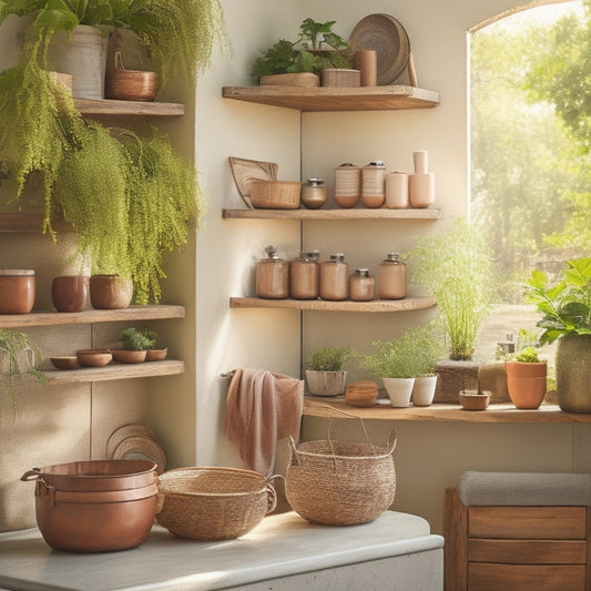 A bright, modern kitchen with reclaimed wooden shelves mounted on a brick wall, holding vintage ceramic jars, woven baskets, and copper pots, surrounded by lush greenery and warm sunlight.