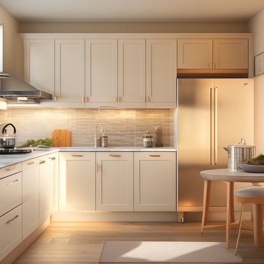 A modern, sleek kitchen with cream-colored cabinets, featuring Emuca's Soft-Close hinges on a partially open cabinet door, with a subtle glow of warm light emanating from inside.