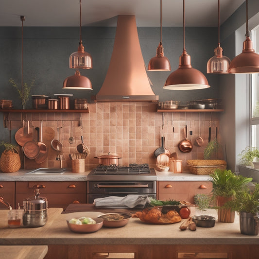 A bright, well-lit kitchen with a large, wooden pot rack suspended from the ceiling, holding various copper pots and pans, surrounded by modern appliances and a sleek, granite countertop.