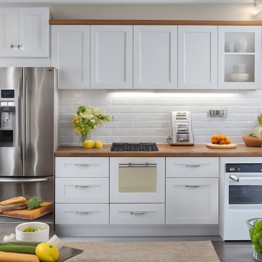 A bright, modern kitchen with stainless steel appliances, white countertops, and wooden cabinets, featuring a digital tablet on the counter displaying a organized inventory list with icons of various food items.