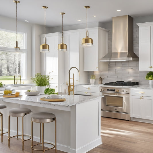 A modern kitchen with sleek, white cabinets, gleaming stainless steel appliances, and warm, golden lighting, featuring a central island with a built-in cooktop and pendant lamps above.