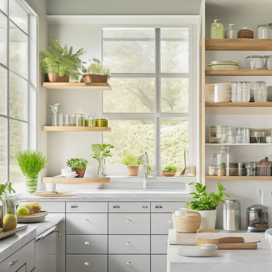 A bright, modern kitchen featuring sleek, foldable shelves above a cluttered countertop, showcasing organized jars, utensils, and plants. Natural light filters through a window, highlighting the shelves' elegant design and practicality.