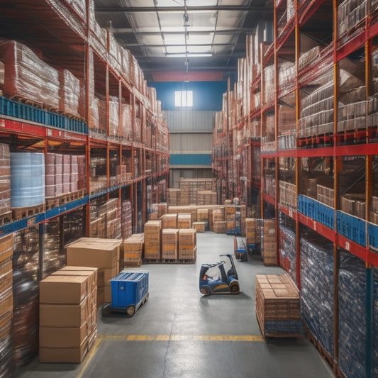 A modern, well-organized warehouse interior with rows of shelving units stacked with crates and cans, forklifts moving in the background, and a large, circular, global map mural on the wall.