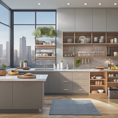 A modern kitchen with sleek cabinets, open shelving, and a large island, featuring various storage solutions like baskets, bins, and utensil organizers, with a subtle background of city skyscrapers.