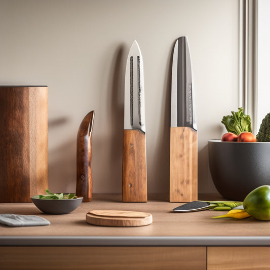 A sleek kitchen setting showcasing a modern magnetic knife holder mounted on a wooden backsplash, with various kitchen knives prominently displayed. Soft natural light filters in, highlighting the knives' polished blades and the holder's elegant design.