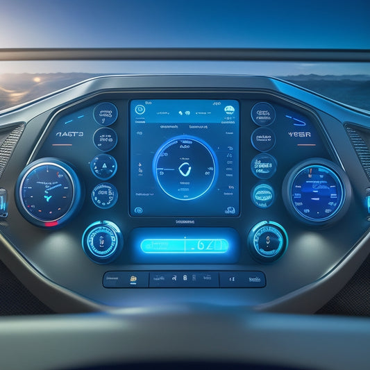 A futuristic, high-tech dashboard with a sleek, waterproof PanelPilot M display at its center, surrounded by customizable buttons and knobs, with a subtle logo embossed on the top-right corner, glowing with adjustable brightness.