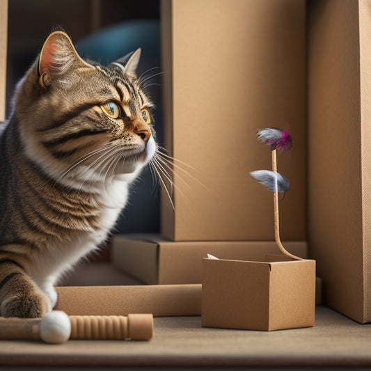 A curious cat peers out from behind a cardboard box, paw reaching for a dangling feather toy attached to a handmade puzzle feeder crafted from PVC pipes and wooden dowels.
