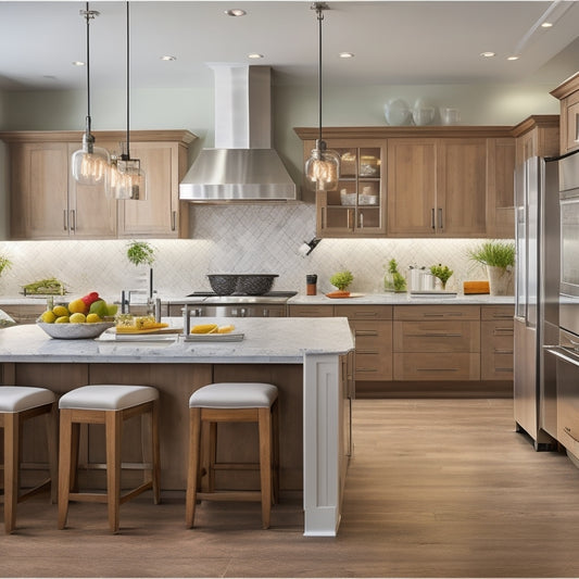 A stylish kitchen featuring a large, L-shaped island with a rich wood finish, stainless steel appliances, and pendant lighting, surrounded by sleek white cabinets and a limestone backsplash.
