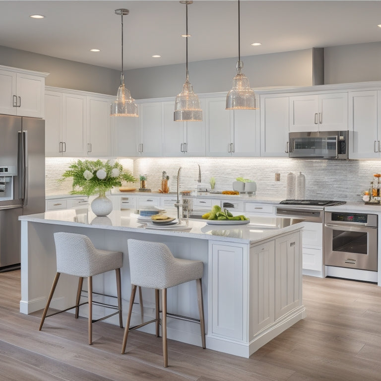 A bright, modern kitchen with sleek white cabinets, quartz countertops, and stainless steel appliances, featuring a large island with a built-in sink and pendant lighting above.