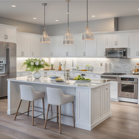 A bright, modern kitchen with sleek white cabinets, quartz countertops, and stainless steel appliances, featuring a large island with a built-in sink and pendant lighting above.