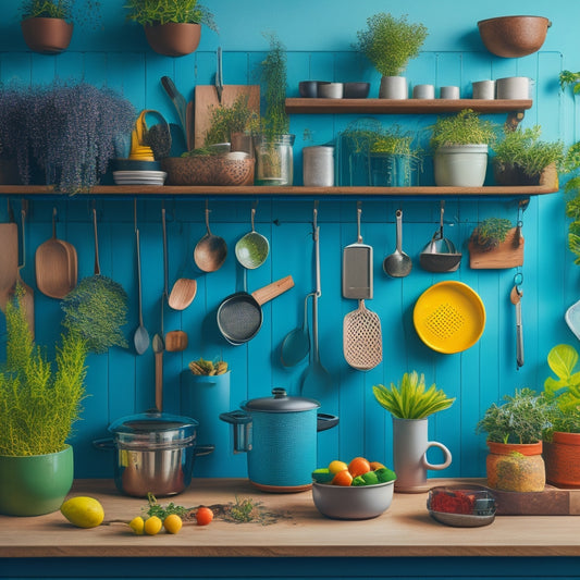 A vibrant kitchen scene showcasing a wall-mounted pegboard filled with colorful kitchen tools, pots, and utensils, surrounded by potted herbs, a neatly arranged spice rack, and a cozy, sunlit atmosphere.