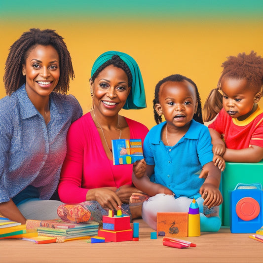 A warm and inviting illustration of a diverse family surrounded by icons of childcare resources, such as building blocks, crayons, books, and a laptop, set against a bright and colorful background.