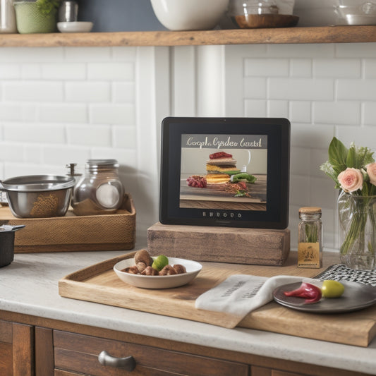A clutter-free kitchen counter with a few neatly organized cookbooks, a wooden recipe box with a small chalkboard label, and a digital tablet displaying a tidy recipe app.