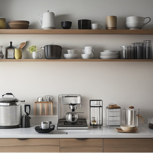 A serene, well-lit kitchen with 10 neatly arranged, minimalist essentials: a sleek coffee maker, a compact toaster, a simple utensil holder, and a few, carefully chosen cookbooks on a floating shelf.