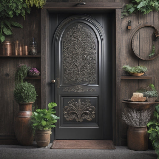 A rustic wooden pantry door with five ornate, matte black chalkboard labels adorned with elegant, swirling flourishes, surrounded by lush greenery and a few strategically placed copper accents.