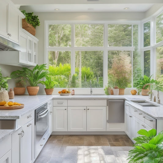 A bright and airy kitchen with creamy white cabinets, quartz countertops, and large windows overlooking a lush backyard oasis, complete with a patio set and tropical plants.