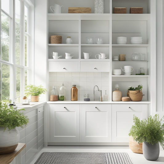 A sleek, freestanding pantry unit in a bright, airy kitchen. Clean lines, smooth white surfaces, and open shelving display minimalist decor. Soft natural light filters through large windows, highlighting organized jars and fresh herbs.