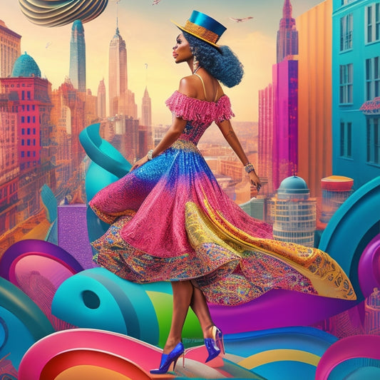 A colorful, whimsical illustration featuring a stylized female figure surrounded by swirling patterns of fabrics, accessories, and shoes, with subtle hints of cityscapes and party backdrops.