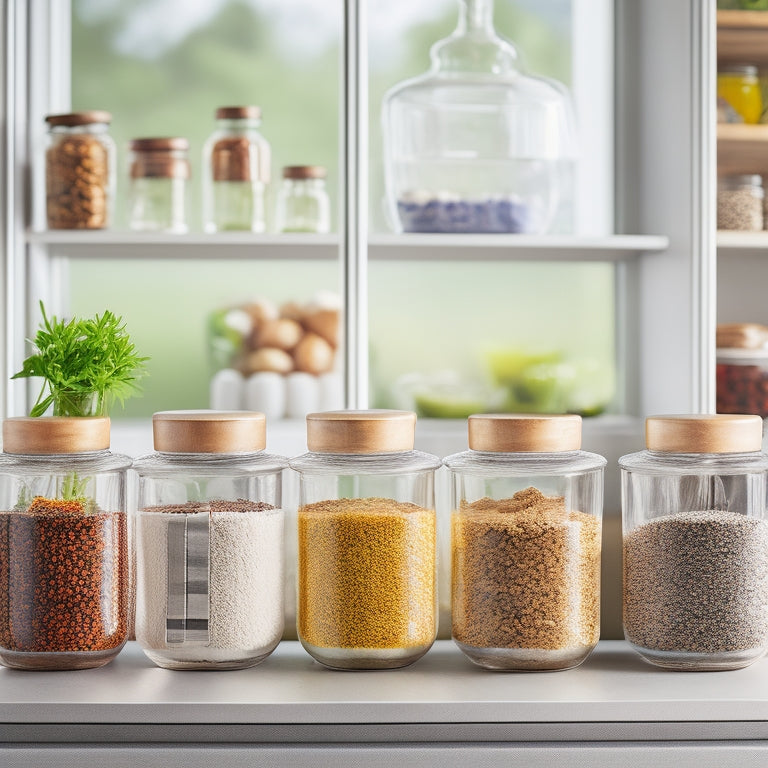 A bright, modern kitchen countertop featuring an array of clear, stackable containers filled with various dry goods like flour, rice, and beans, surrounded by colorful spices in small jars, with natural light streaming in.