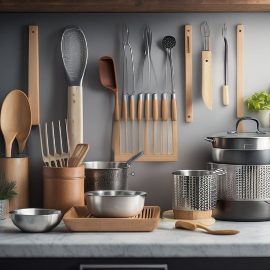 A tidy kitchen countertop with a wooden utensil organizer, containing neatly arranged cooking utensils like whisks, spatulas, and spoons, separated by thin, vertical dividers made of stainless steel or silicone.