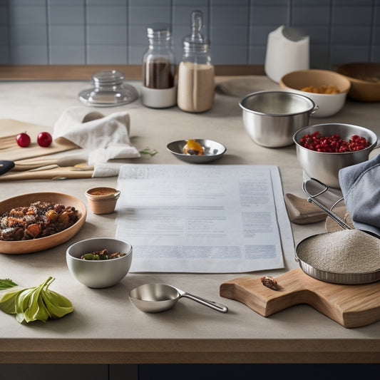 A kitchen counter with a wooden cutting board, a stainless steel mixing bowl, a whisk, a chef's knife, and a rolled-up parchment paper, surrounded by scattered recipe cards and utensils.