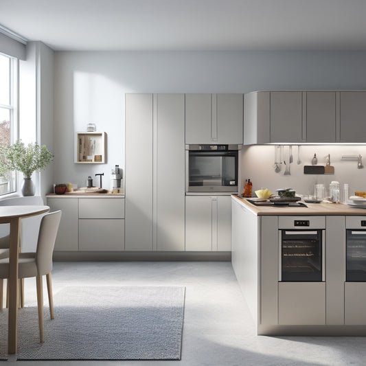 An L-shaped kitchen with sleek, handleless cabinets in a light gray finish, featuring a pull-out spice rack, a slide-out trash can, and a retractable knife block.
