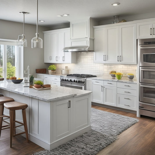 A bright, modern kitchen with sleek white cabinets, warm wood accents, and stainless steel appliances, featuring a central island with a built-in cooktop and ample storage drawers.