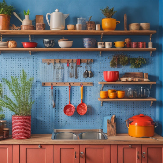 A vibrant small kitchen featuring a colorful pegboard wall adorned with neatly arranged cooking utensils, potted herbs, and decorative mugs, surrounded by rustic wooden shelves and warm ambient lighting for a cozy atmosphere.
