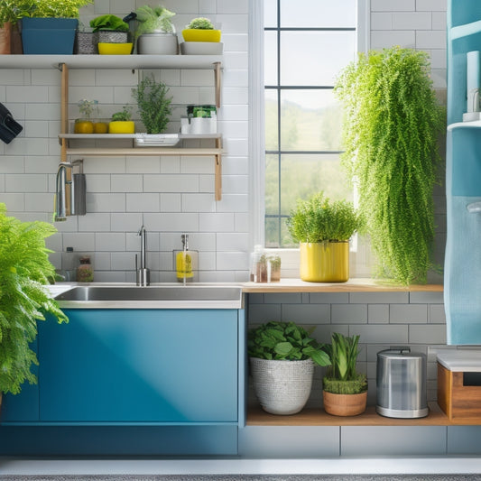 A modern kitchen sink area featuring sleek, tiered organizers with vibrant colors, hanging hooks, and compartments for sponges, brushes, and soap, all in a compact design, surrounded by fresh herbs and natural light.