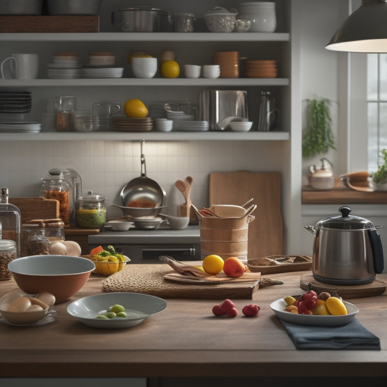 A tidy, well-lit kitchen with a tablet on the counter, surrounded by organized utensils, cookbooks, and a few open drawers revealing categorically arranged kitchenware and ingredients.