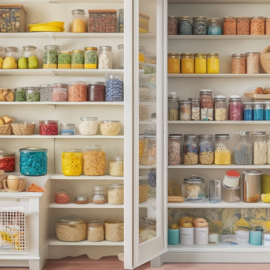 A colorful, clutter-free pantry with jars and containers adorned with custom, vibrant labels featuring illustrations of fruits, flowers, and geometric patterns, surrounded by crafting supplies and stationery.