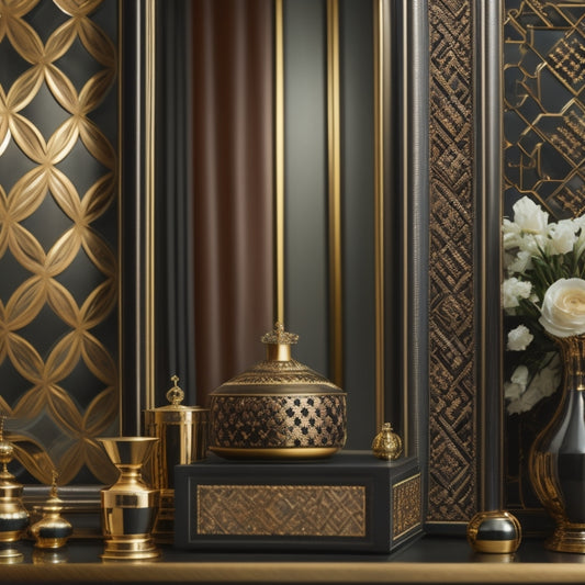 Golden geometric patterns adorn a sleek, black lacquered background, surrounded by ornate mirrors, velvet drapes, and Art Deco-inspired vases, evoking opulence and sophistication.