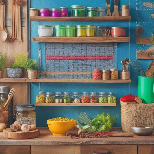 A vibrant kitchen scene featuring a colorful pegboard filled with neatly arranged spice jars, some labeled with chalkboard stickers, surrounded by fresh herbs, wooden utensils, and a cozy cooking atmosphere.