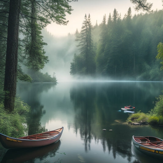 A serene landscape depicting a misty lake surrounded by lush green forests, with a few canoes and kayaks docked on the shore, and a few hiking trails leading into the wilderness.