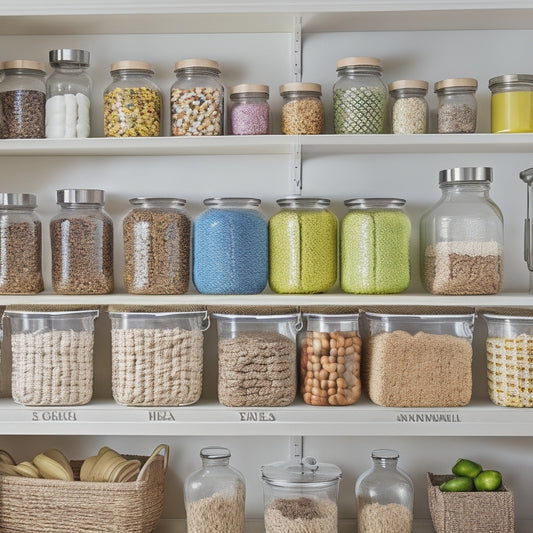 A beautifully organized pantry with a mix of transparent glass jars, woven baskets, and colorful ceramic containers, featuring a variety of stylishly wrapped food items and decorative twine accents.