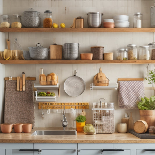 A bright, modern kitchen with sleek countertops, a few strategically placed wicker baskets, a pegboard with hanging utensils, and a wall-mounted spice rack, showcasing organized storage solutions.