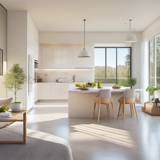A modern open plan kitchen with large windows, sleek white cabinets, a central island with a breakfast bar, and a living area with a sectional sofa and a floor lamp.