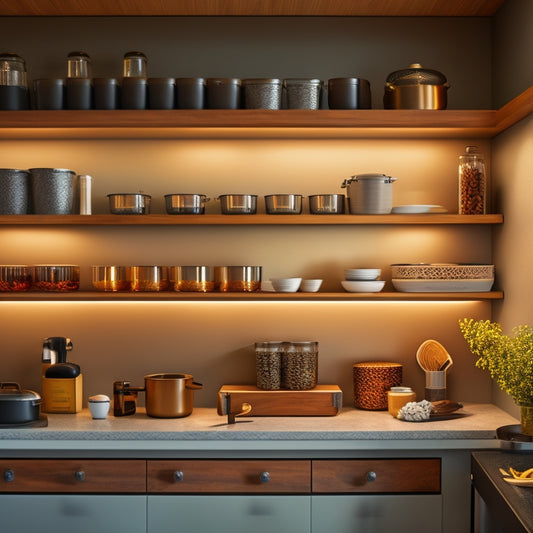 A modern kitchen featuring pull-out cabinet shelves filled with neatly organized spices, pots, and pans, illuminated by warm lighting, showcasing a sleek design with rich wood finishes and a minimalist aesthetic.