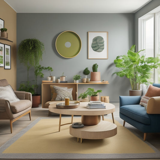 A serene, minimalist living room with a large, circular mind map on the wall, featuring colorful sticky notes and connecting lines, surrounded by a few choice furniture pieces and potted plants.
