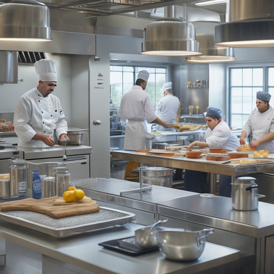 A busy commercial kitchen with a supervisor observing a team of chefs preparing food, with checklists and tablets on countertops, amidst utensils, ingredients, and stainless steel appliances.