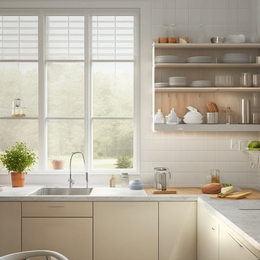 A modern kitchen with sleek, white cabinets, pull-out shelves, and a pegboard with organized utensils, against a soft gray background, illuminated by a large window with a blurred outdoor view.