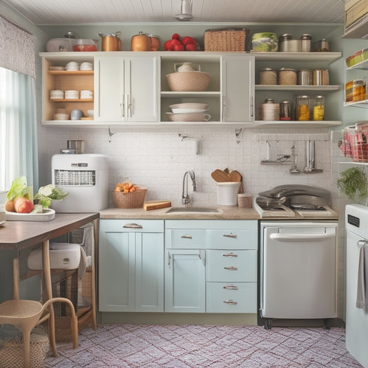 A clutter-free mobile home kitchen with a sleek, compact refrigerator, a fold-down kitchen table attached to the wall, and a pegboard with hooks and baskets for utensils and spices.