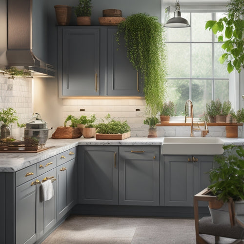 A cozy small kitchen showcasing elegant under-cabinet lighting illuminating marble countertops, sleek stainless steel appliances, and vibrant potted herbs, creating a warm and inviting atmosphere with soft glow and shadows.