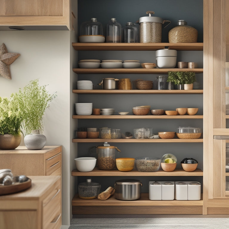 A stylish kitchen corner featuring a sleek, modern Lazy Susan cabinet, filled with colorful spices and kitchenware, surrounded by light wood cabinetry and soft natural lighting highlighting the organized, accessible interior.