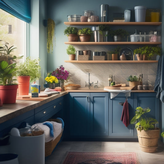 A neatly organized under-sink area featuring adjustable shelves, filled with colorful cleaning supplies, neatly stacked bins, and a small potted plant, illuminated by soft, natural light streaming from a nearby window.