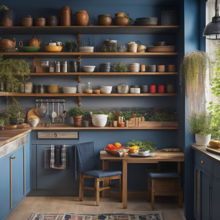 A cozy, compact kitchen featuring vertical shelves filled with colorful spice jars, magnetic knife strips on the wall, hanging pots, and a pull-out pantry beside a small dining table, maximizing every inch of space.