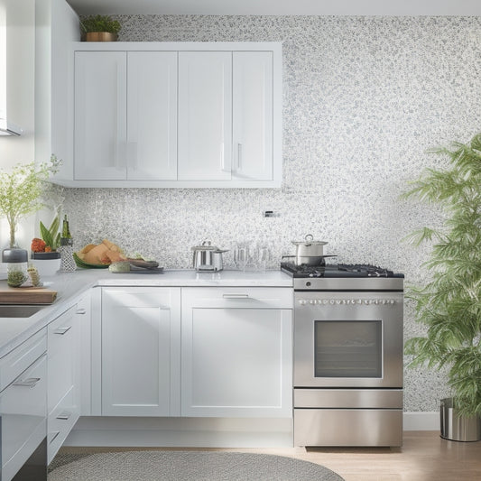 A bright, modern kitchen with sleek white cabinets, featuring intricate laser-cut metal panels with botanical patterns, surrounded by gleaming chrome appliances and warm wooden accents.