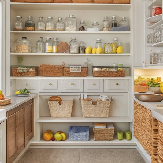 A spacious kitchen featuring custom cabinet organizers: deep pull-out drawers filled with labeled bins, tiered spice racks, adjustable shelves with glass jars, and a vibrant fruit basket, all bathed in warm, natural light.