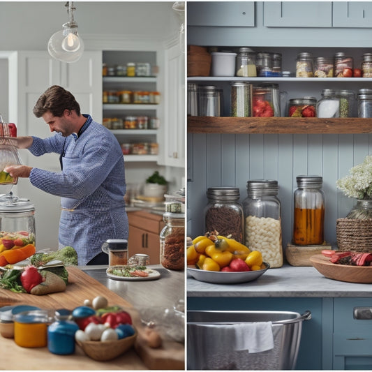 A split-screen composition featuring a pristine, organized kitchen pantry with Mason jars filled with canned goods and a chef in a clean, white apron expertly chopping fresh vegetables on a stainless steel countertop.